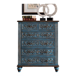 美式实木斗柜彩绘欧式复古床头柜五斗柜高低柜客厅收纳柜沙发边柜