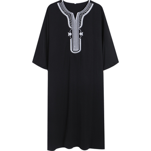 中东迪拜阿拉伯男士长袍刺绣民族服饰摩洛哥袍子宽松Muslim Thobe