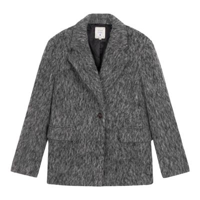 灰色西装领直筒长毛宽松呢子外套