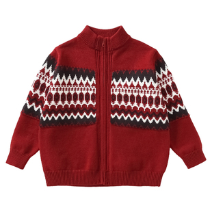 儿童新年红色费尔岛提花毛衣男童圣诞节立领加厚针织拉链保暖外套