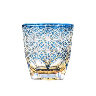 AURA'S江户切子蓝雏菊水晶玻璃杯高端手工雕刻威士忌杯洋酒礼物杯