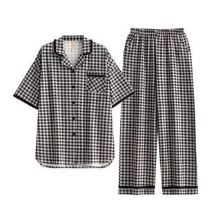 家乐芬睡衣女夏季薄款短袖长裤莫代尔家居服大码休闲格子开衫套装