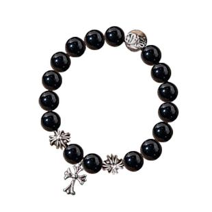 薛之谦权志龙GD同款嘻哈男天然黑曜石白玛瑙绿松十字架珠手链手串