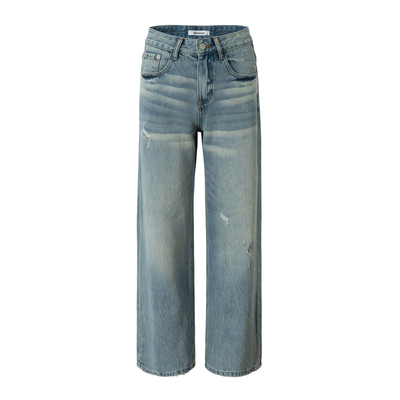 RPB BRAND质感复古水洗破洞做旧牛仔裤女慵懒风宽松显瘦直筒长裤