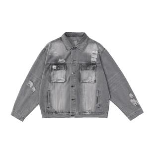 FDR官方店 立体工装袋破洞牛仔外套男女春季翻领宽松情侣装上衣