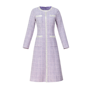 高端精致浅紫色小香风连衣裙2025春秋新款收腰显瘦长袖中长裙1647