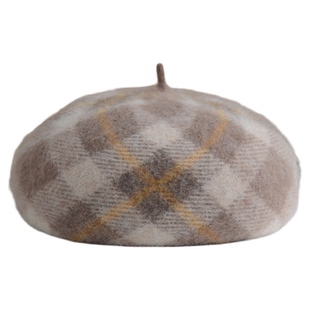 贝雷帽女秋冬保暖安哥拉兔毛画家帽英伦复古格子蓓蕾帽百搭显脸小