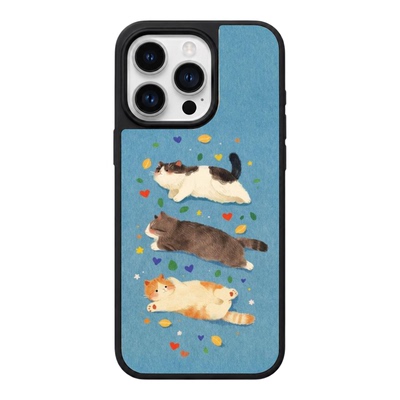 治愈系三只萌猫蓝底适用苹果16手机壳小众设计高级感iphone14大孔二合一磨砂13韩系女款17pro独特好看15