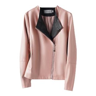 海宁皮衣女士真皮短款立领修身粉色减龄拉链皮夹克秋冬新款绵羊皮