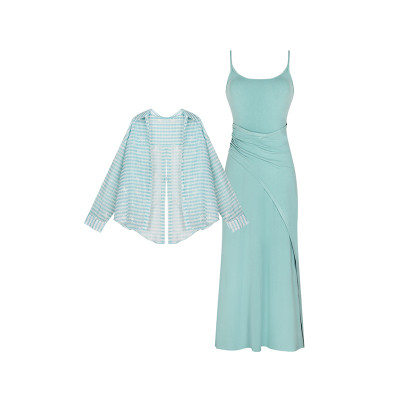 安妮不火 薄荷冷雾肌 通勤纯色针织吊带裙微胖大码度假风裙两件套