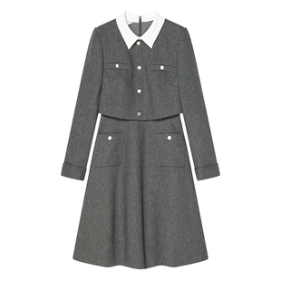 Goodland美地灰色法式假两件翻领收腰连衣裙短款a字裙LC34505100
