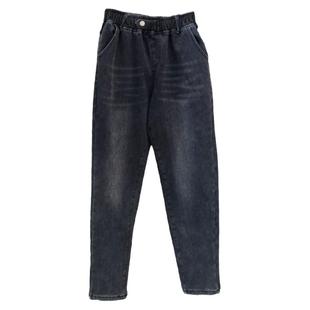 版型正 200斤胖mm显瘦加绒牛仔裤女大码老爹裤松紧腰秋冬哈伦裤子