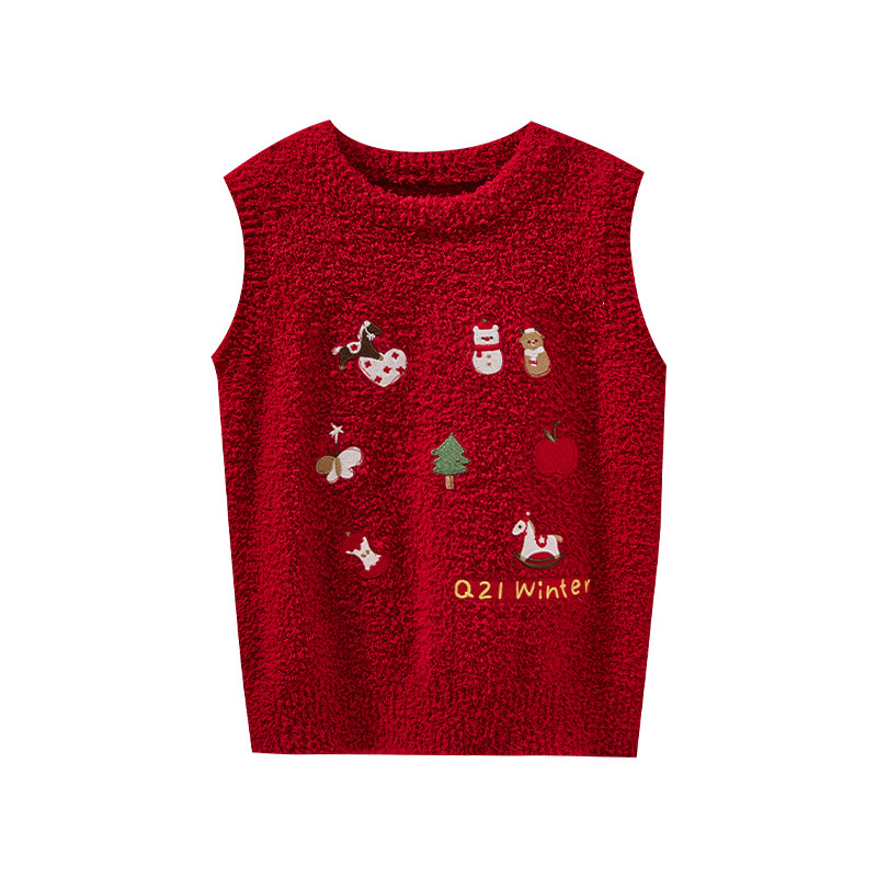 Q21半边绒刺绣儿童保暖背心新年款红色马甲男女童秋冬保暖内搭