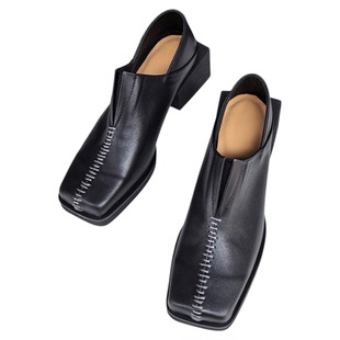 原创设计方头缝线单鞋女暗黑复古方头皮鞋手工缝线真皮方跟乐福鞋