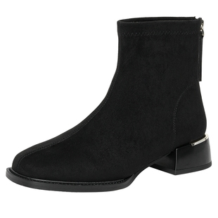 戈美其棕色粗跟短靴女款2024秋冬新款单靴百搭绒面靴子弹力瘦瘦靴