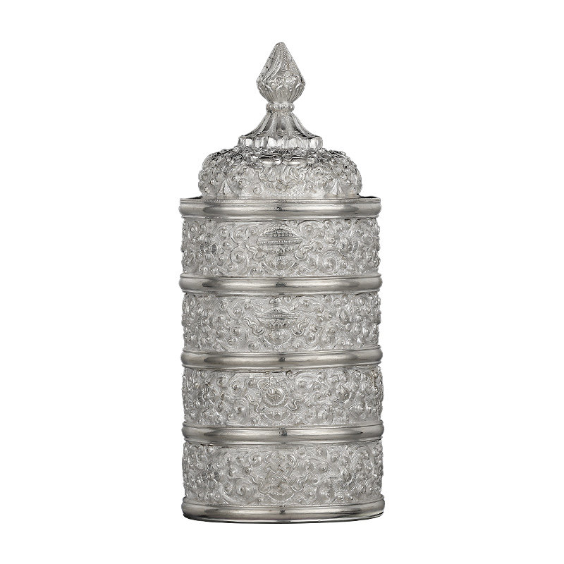 S999纯银手工八吉祥雕花米盒佛前供奉用品藏式法器4层米罐7.5cm