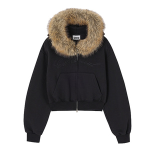 CRANK 25冬字母刺绣拉绒双向拉链帽衫短款毛领外套韩国代购