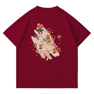 拉夏贝尔红色正肩短袖T恤女夏季2026新款纯棉小个子上衣半袖夏装