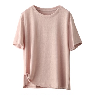 园园美衣复古莱赛尔亚麻短袖女夏季显瘦T恤休闲纯色圆领套头上衣
