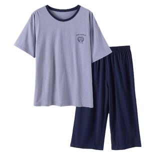 顶呱呱阳光棉男士短袖睡衣套头圆领简约七分裤纯棉家居服套装夏季