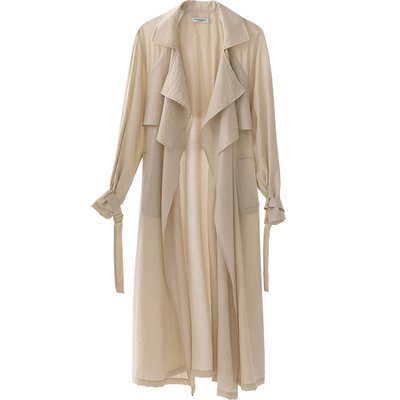 CR杏仁白长款翻领风衣外套薄