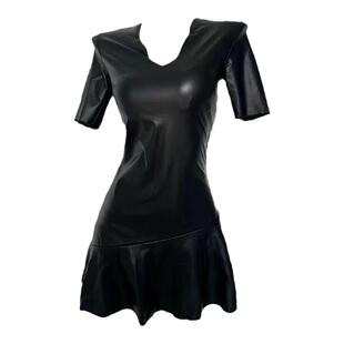 【AGD】RubyDoll皮质包臀裙百褶裙中袖辣妹性感修身显瘦V领连衣裙