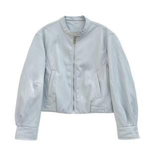 小小家 小个子春新款蓝色皮衣温柔显白百搭短款圆领拉链外套上衣