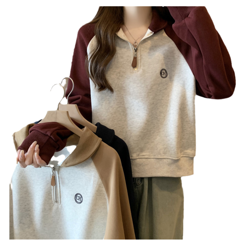 半拉链POLO领卫衣女春秋薄款宽松百搭撞色长袖小个子短款上衣潮