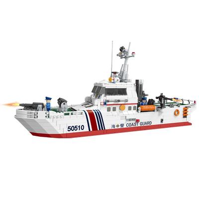 沃马积木城市警察系列海警船巡逻艇模型益智力儿童拼装男孩子玩具