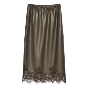 因由 时髦雾面蕾丝拼接设计感蛋白环保皮中长款直筒半身裙女秋冬