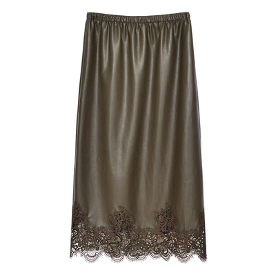 因由 时髦雾面蕾丝拼接设计感蛋白环保皮中长款直筒半身裙女秋冬