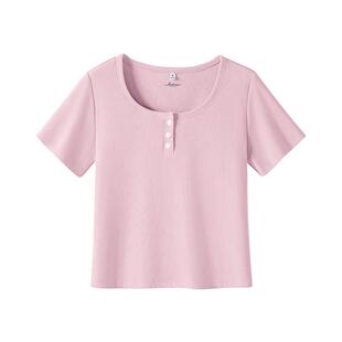 班尼路粉色U领短袖T恤女款2026新款夏季修身显瘦短款辣妹风上衣Q