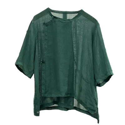 宽松文艺斜襟盘扣中袖麻料衬衫女