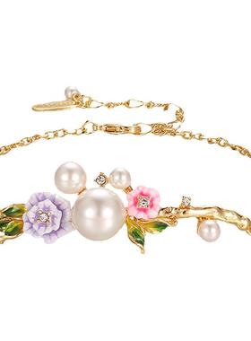 新潮镶钻珍珠双色花朵手链