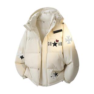 查尔斯桃心美式字母印花羽绒服男女连帽冬季新款防寒潮牌情侣外套