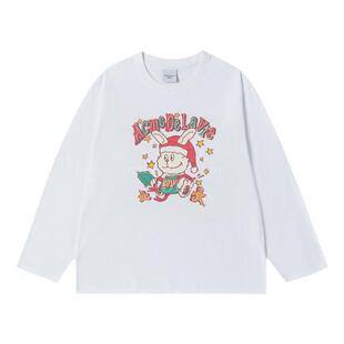 ADLV 春秋季长袖T恤圣诞兔子宽松圆领男女士同款上衣服装黑色白色