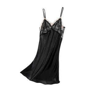 伊丝艾拉黑色吊带睡裙可外穿蕾丝睡衣女细肩带露背性感家居服长裙