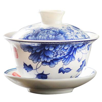 青花盖碗茶三才玲珑镂空陶瓷功夫