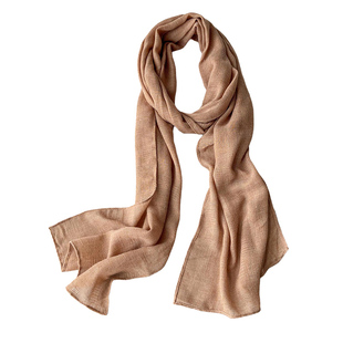 细窄长条棉麻围巾女春秋冬薄护颈围脖丝巾韩版百搭纯色纱巾卡其色