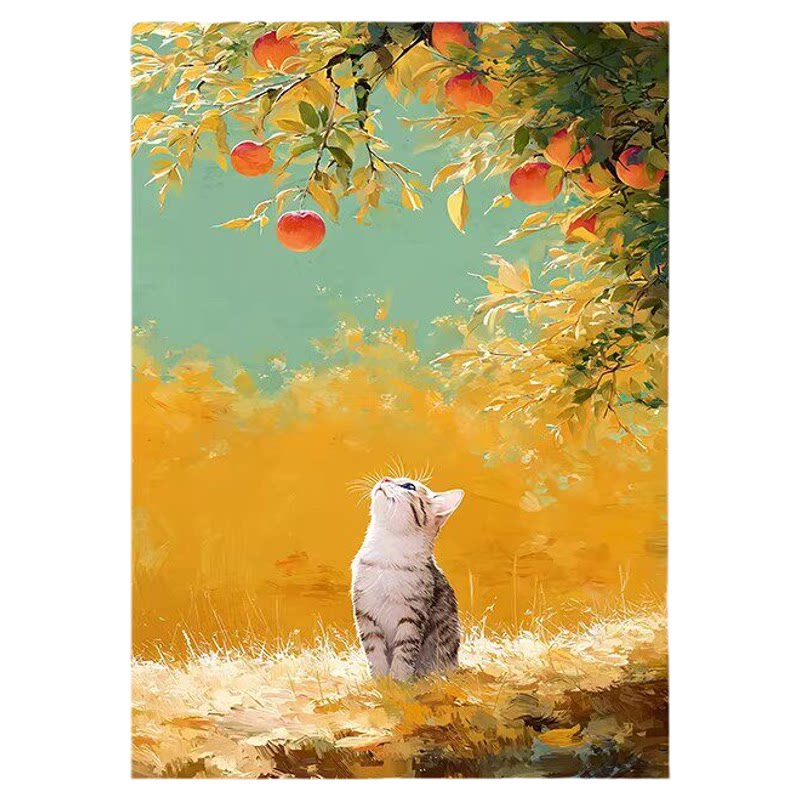 树下猫咪装饰画风景卡通温馨挂画