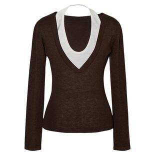 LEONSENSE力上司 挂脖假两件针织衫 亲肤羊毛微弹撞色深V长袖打底
