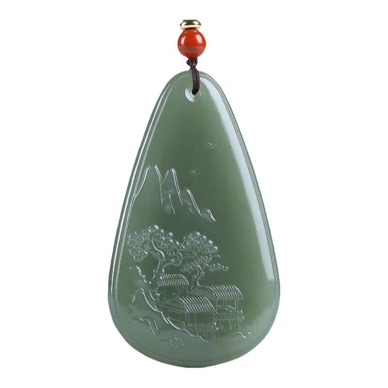 和田玉青玉油青山水牌子吊坠天然