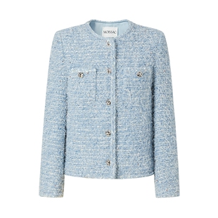 MOISSAC摩萨克秋款小香风粗花呢正肩圆领纽扣长袖外套女