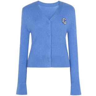 XG雪歌宝蓝色绣花长袖毛针织衫2025春季新款无领开衫毛衣外套女装