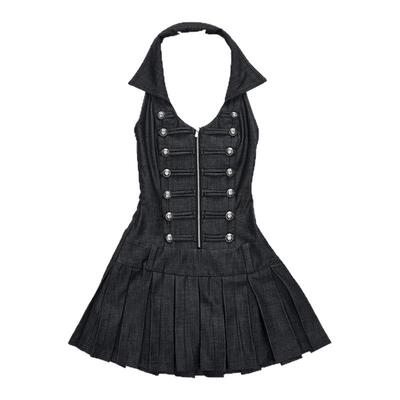 1JINN STUDIO 宫廷风双排扣大U翻领露背连衣裙女仿牛仔A字百褶裙