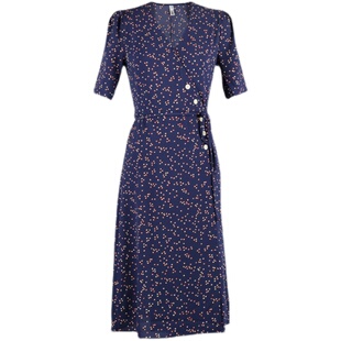 尺下 连衣裙女夏法式复古波点v领收腰显瘦一片式裹身茶歇裙