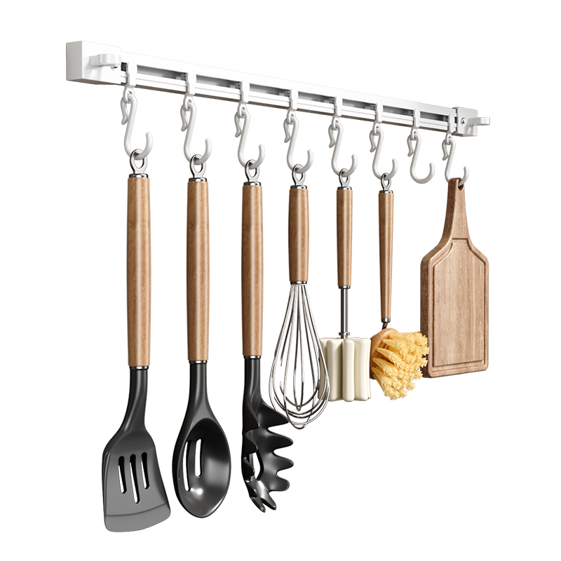 厨房挂钩免打孔滑轨挂架排钩墙壁挂杆勺子铲子置物架橱柜门后收纳