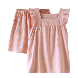 睡衣女夏季薄款亚麻棉麻简约休闲纯色无袖方领背心短裤家居服套装
