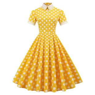 复古赫本港风年代设计感波点连衣裙夏棉中长大摆收腰显瘦气质裙子