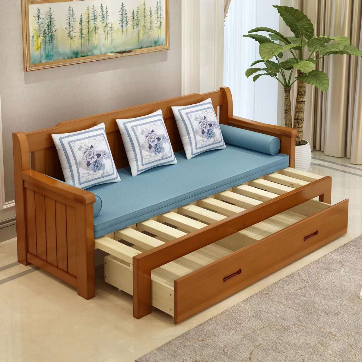 实木沙发床可折叠客厅双人1.5米多功能可伸缩1.8米小户型推拉两用